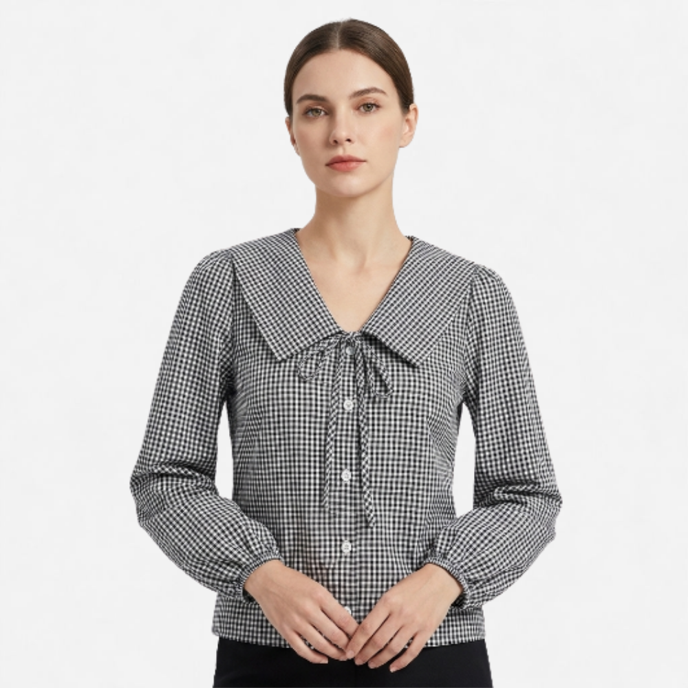 OLDMONEYLOOK | Women’s Refined Plaid Tie Neck Shirt