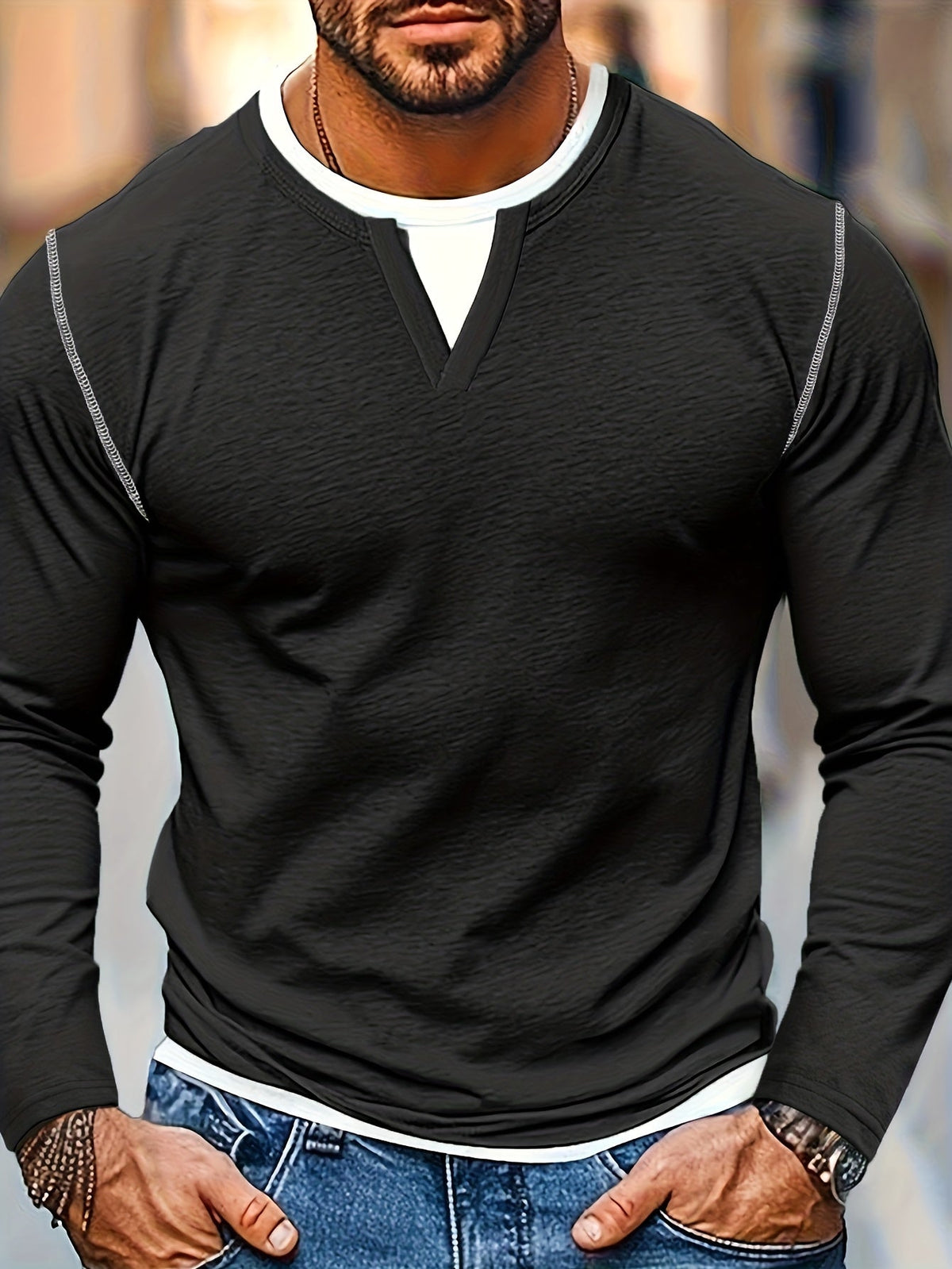 Beckett | Notch-Neck Henley Shirt with Contrast Stitching