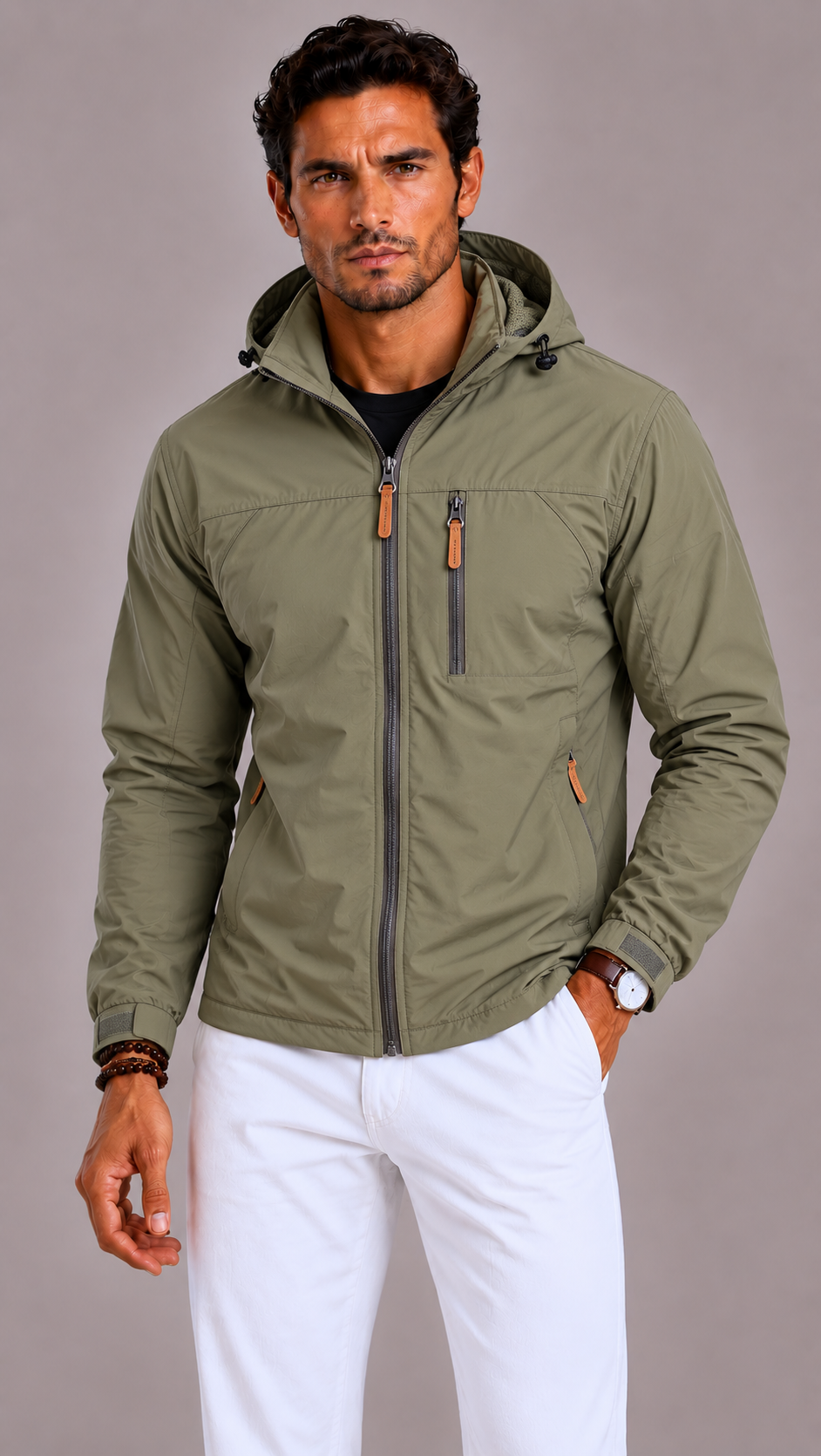 Men's Waterproof Jacket with Hood and Zip Pockets