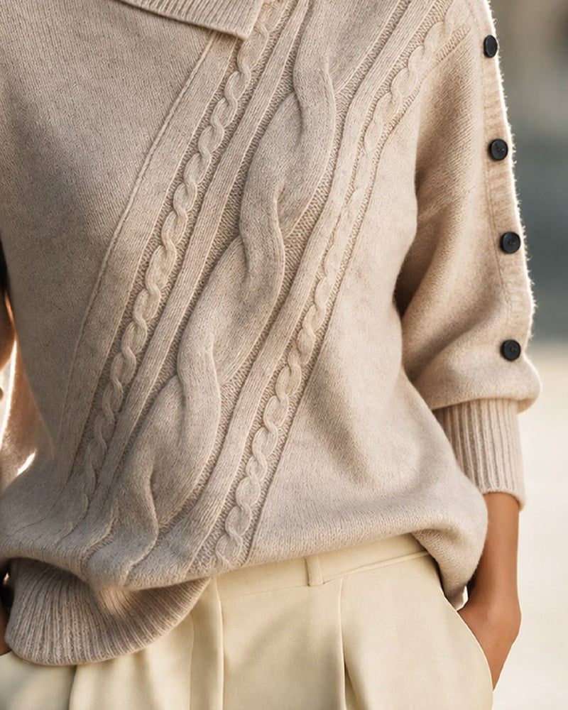 Diagonal Knit Turtleneck Pullover with Button Details