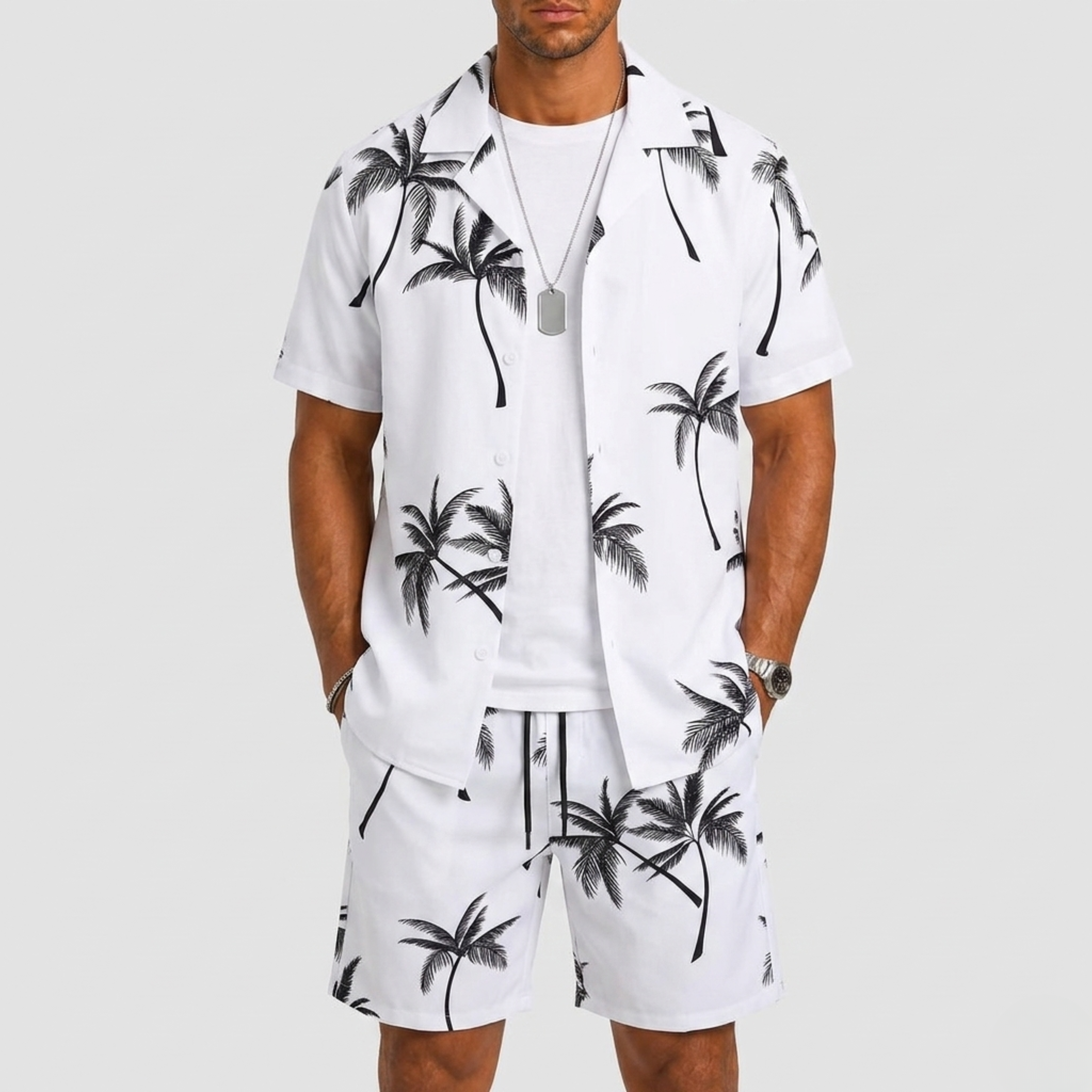 Men's Summer Set with Palm Print and Short Sleeves