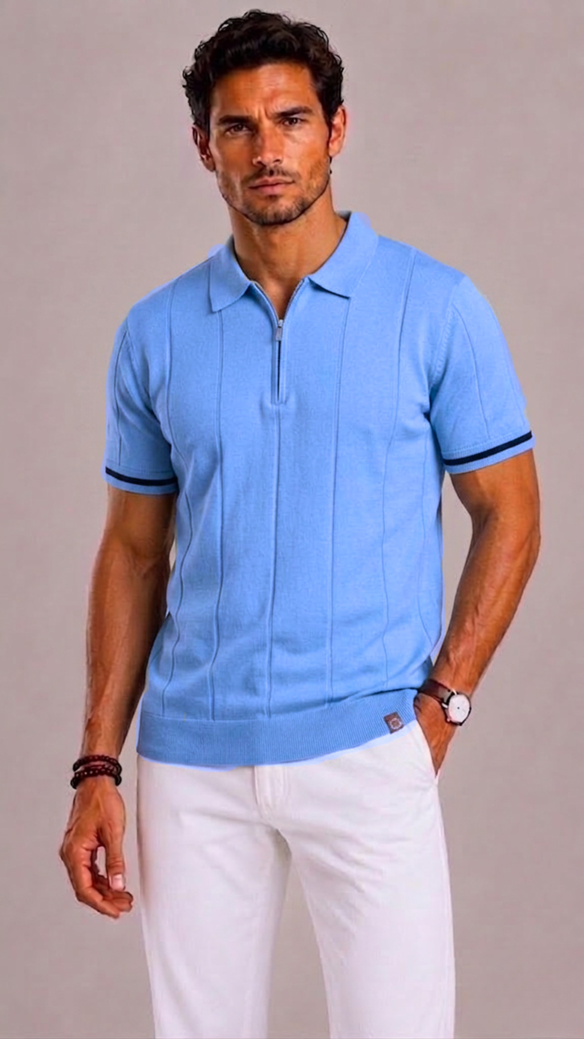 Men's Polo with Short Zip and Striped Cuffs