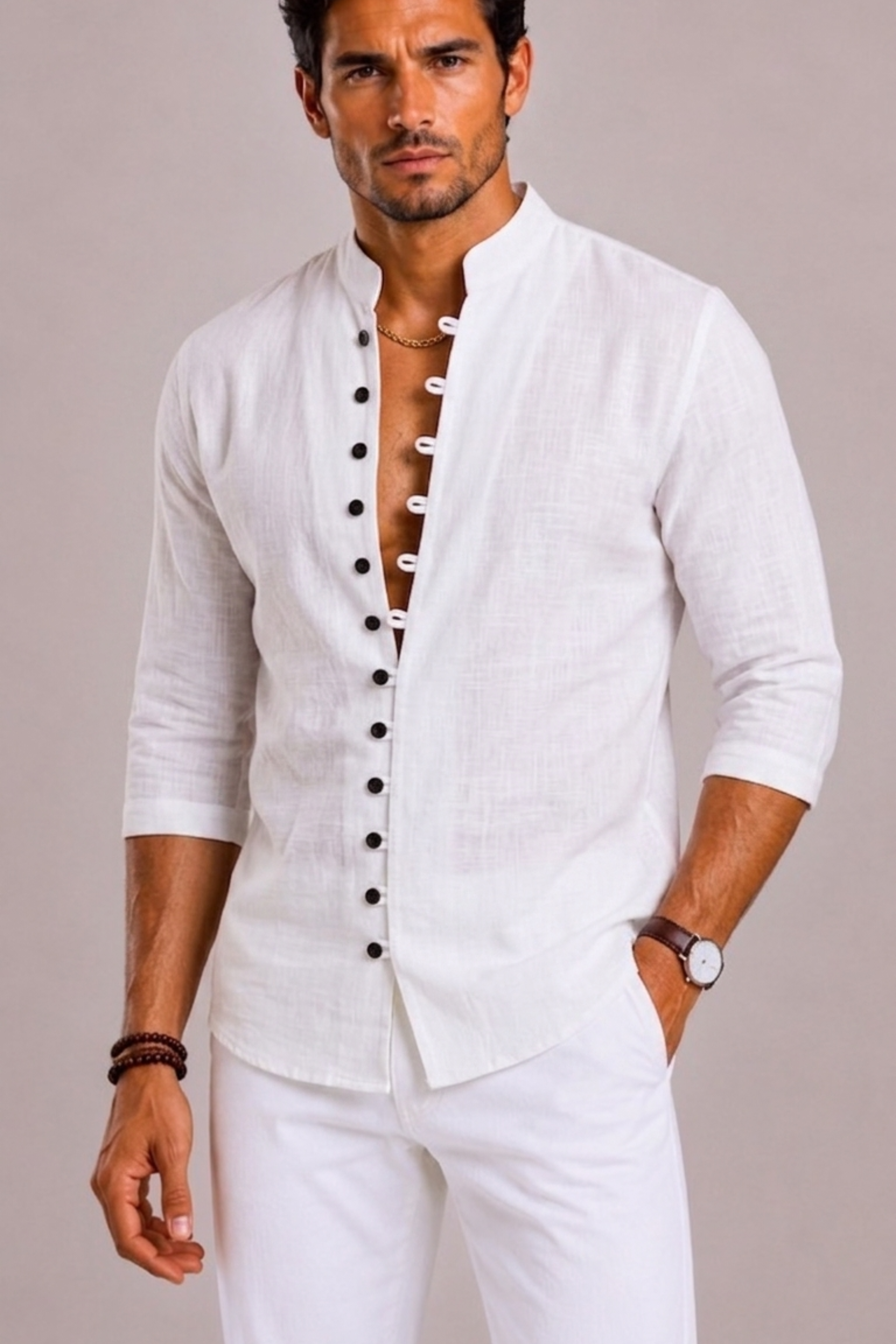 Men's Shirt with Stand-Up Collar and Long Sleeves