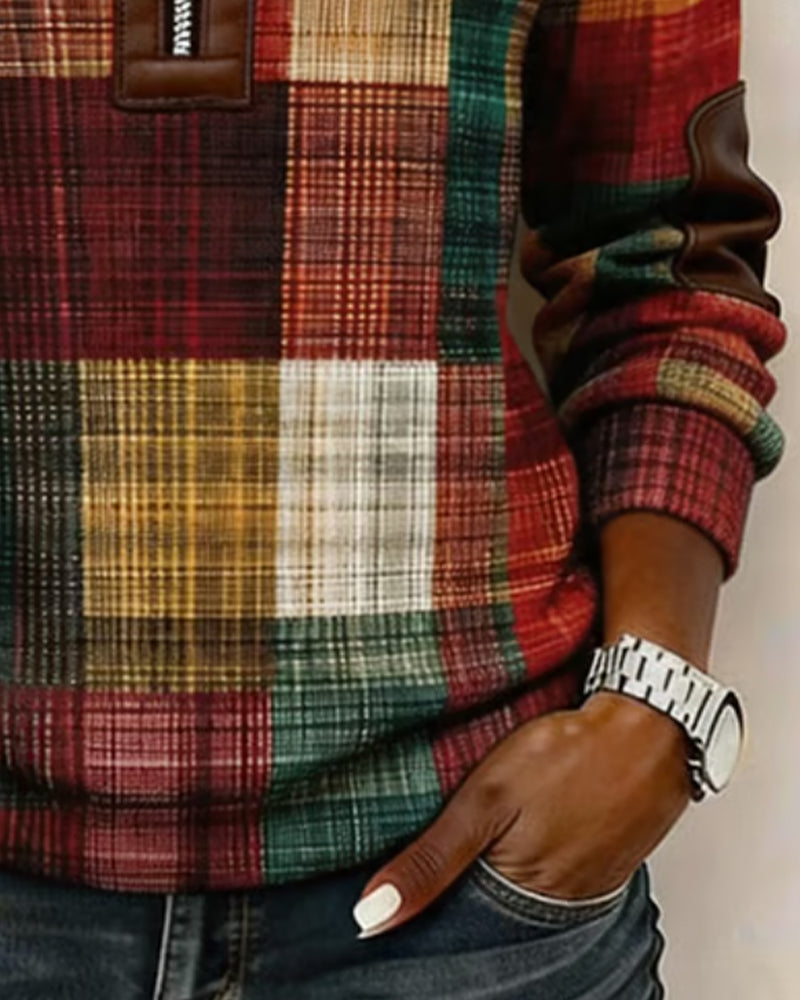 Plaid Contrast Sweatshirt with Lapel Zipper