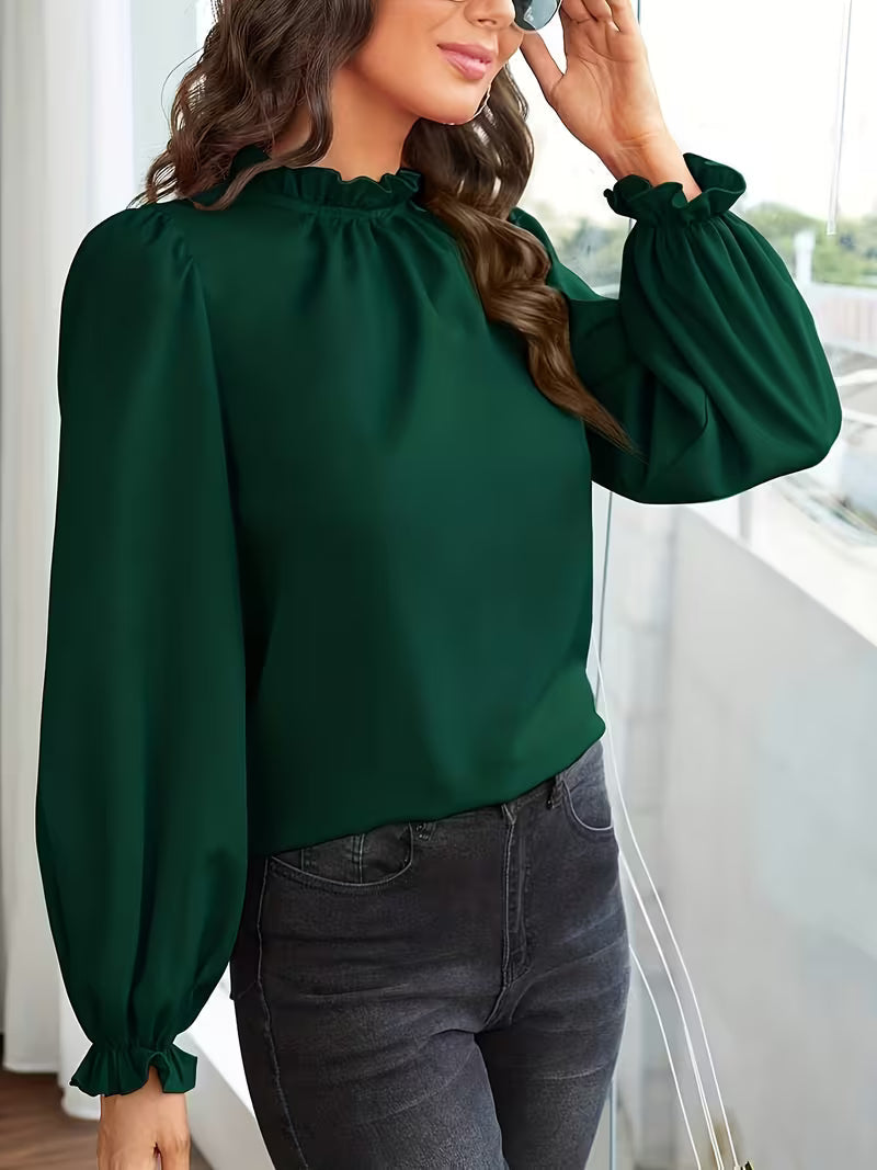 Women's Ruffled Collar Blouse with Puff Sleeves and Loose Fit Cuffs