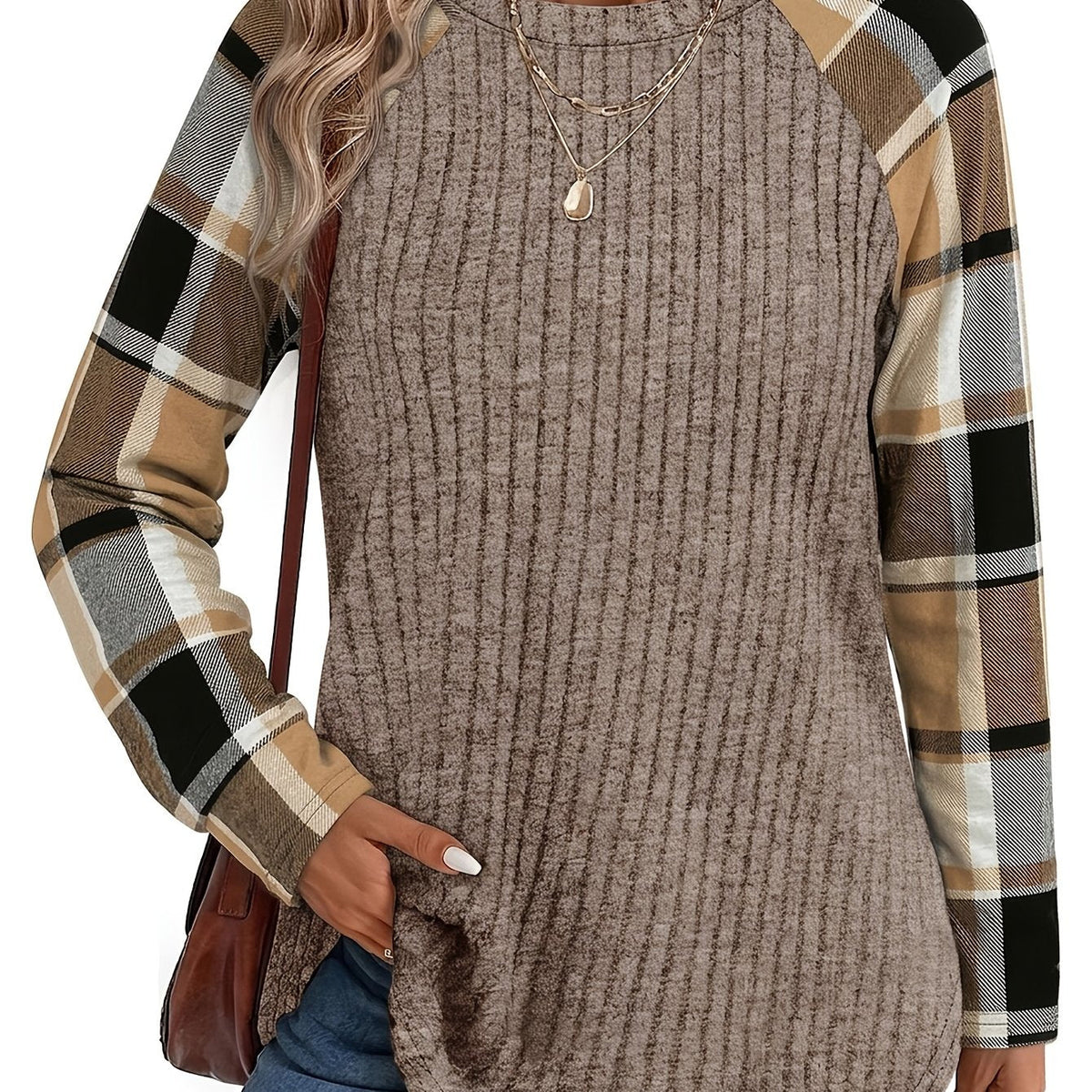 Audrey | Ribbed Top with Checkered Sleeves