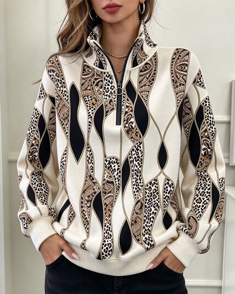 Geometric Paisley Half-Zip Sweatshirt with Stand Collar