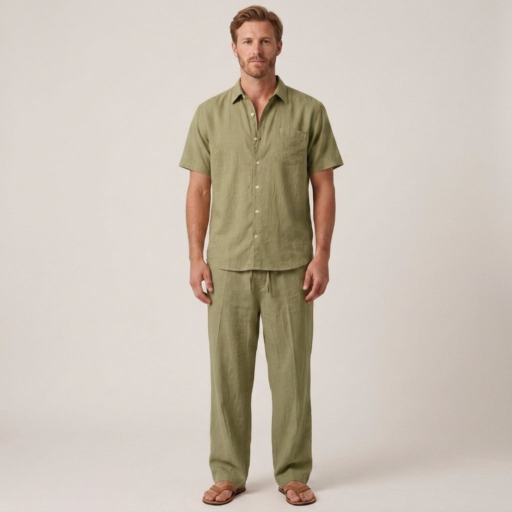 Two-Piece Summer Set with V-Neck Shirt and Wide Trousers for Men