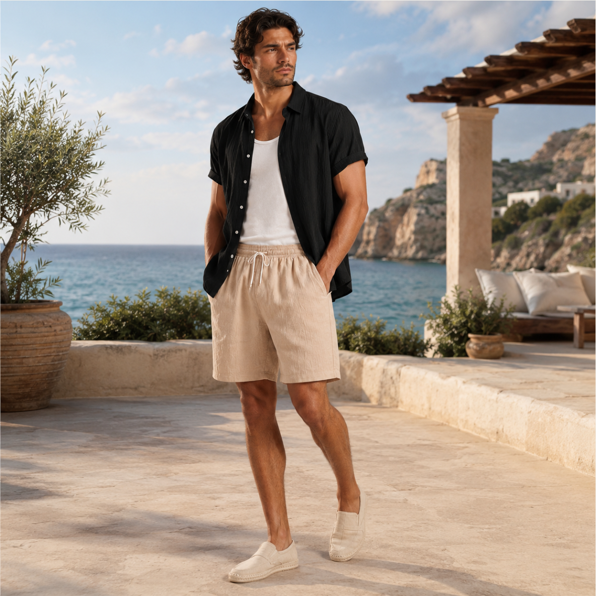 The Pinefield Men’s Summer Co-Ord Set – Button Up Shirt & Drawstring Shorts