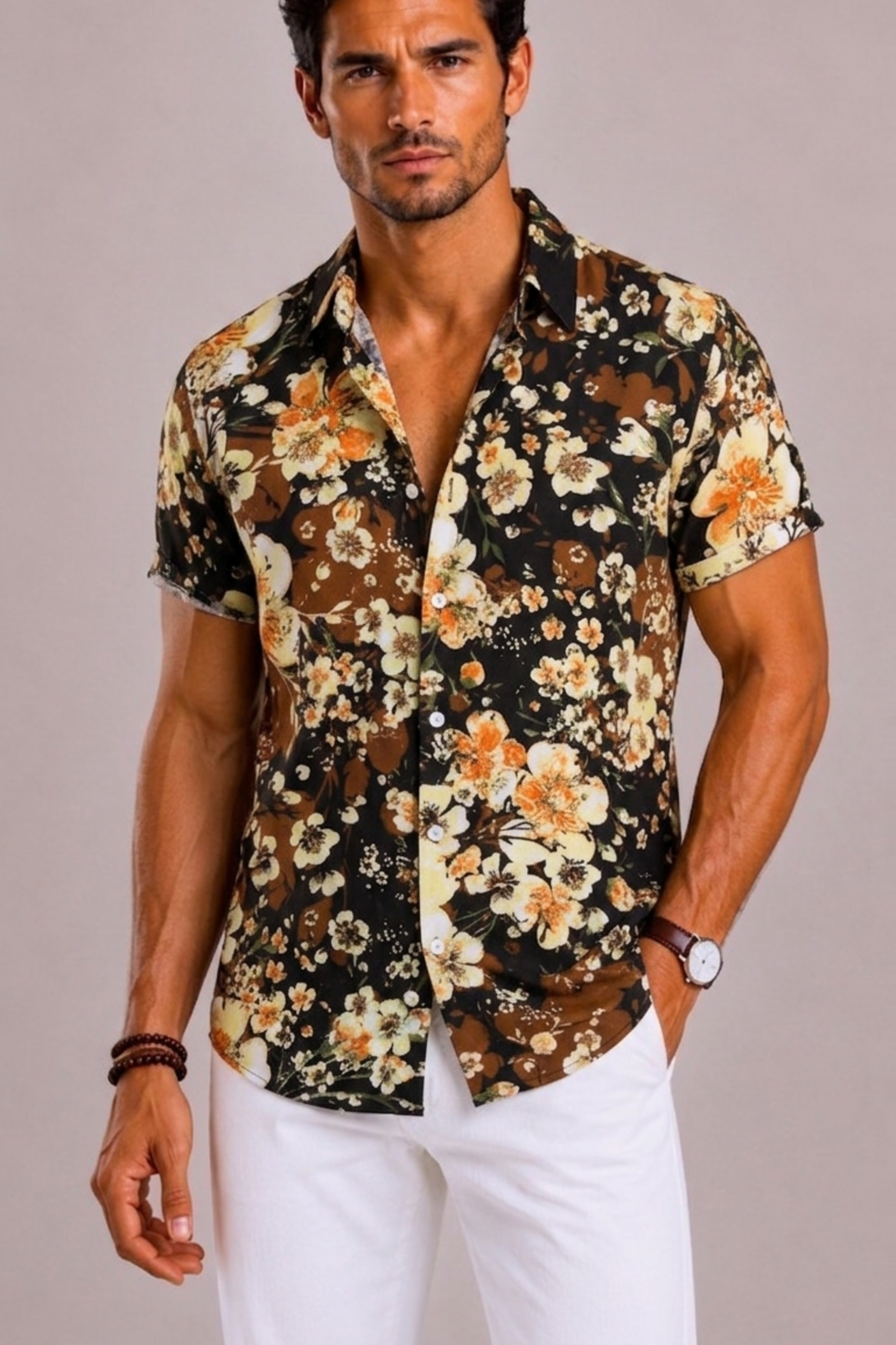 Men's Shirt with Tropical Floral Print and Short Sleeves