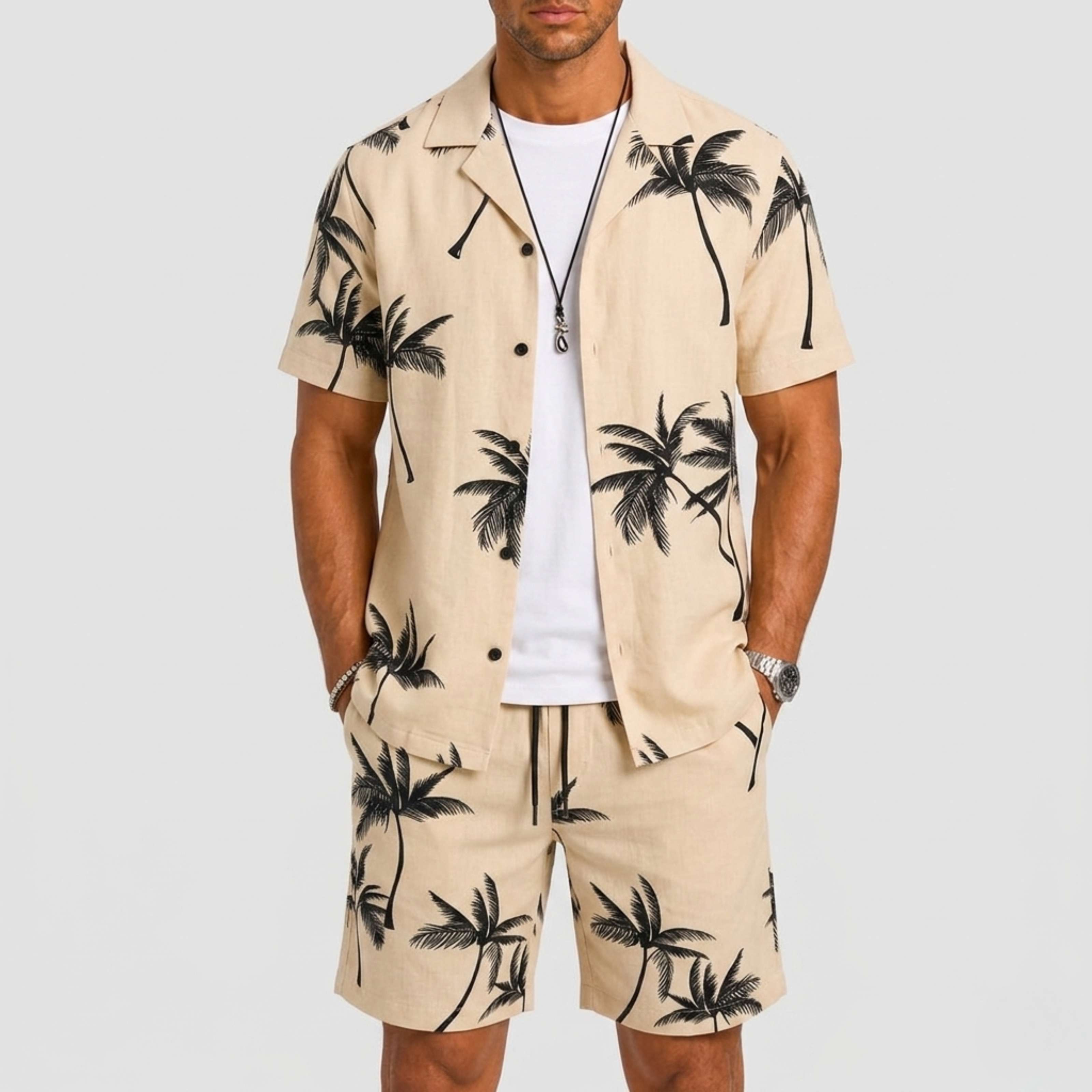Men's Summer Set with Palm Print and Short Sleeves