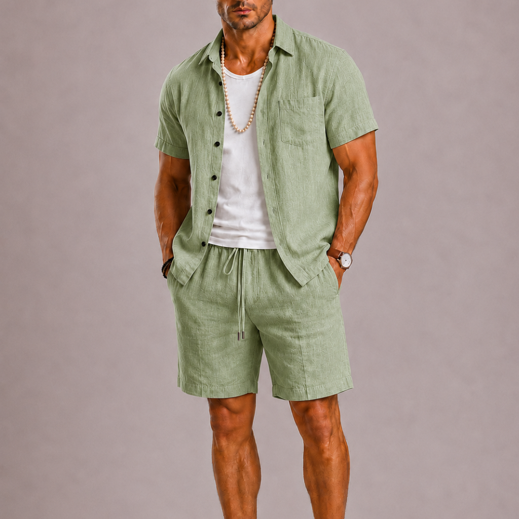 Men's Summer Set with Short Sleeves and Drawstring Shorts