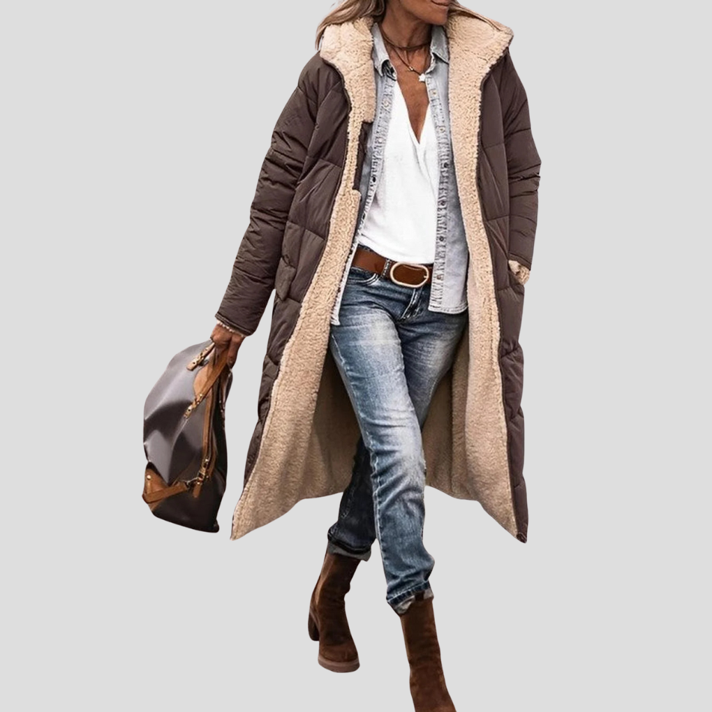 Reversible Women's Long Winter Coat with Hood and Cozy Teddy Lining