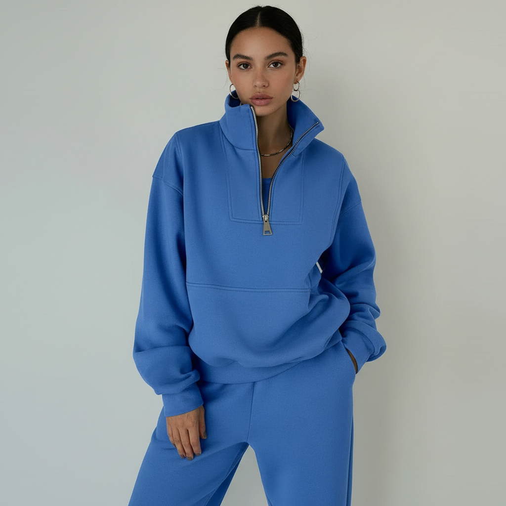 Sporty Ladies' Set Regular Fit Jumper with Half Zip Trousers Casual