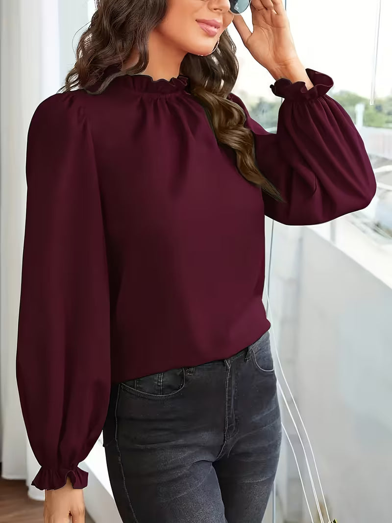 Women's Ruffled Collar Blouse with Puff Sleeves and Loose Fit Cuffs