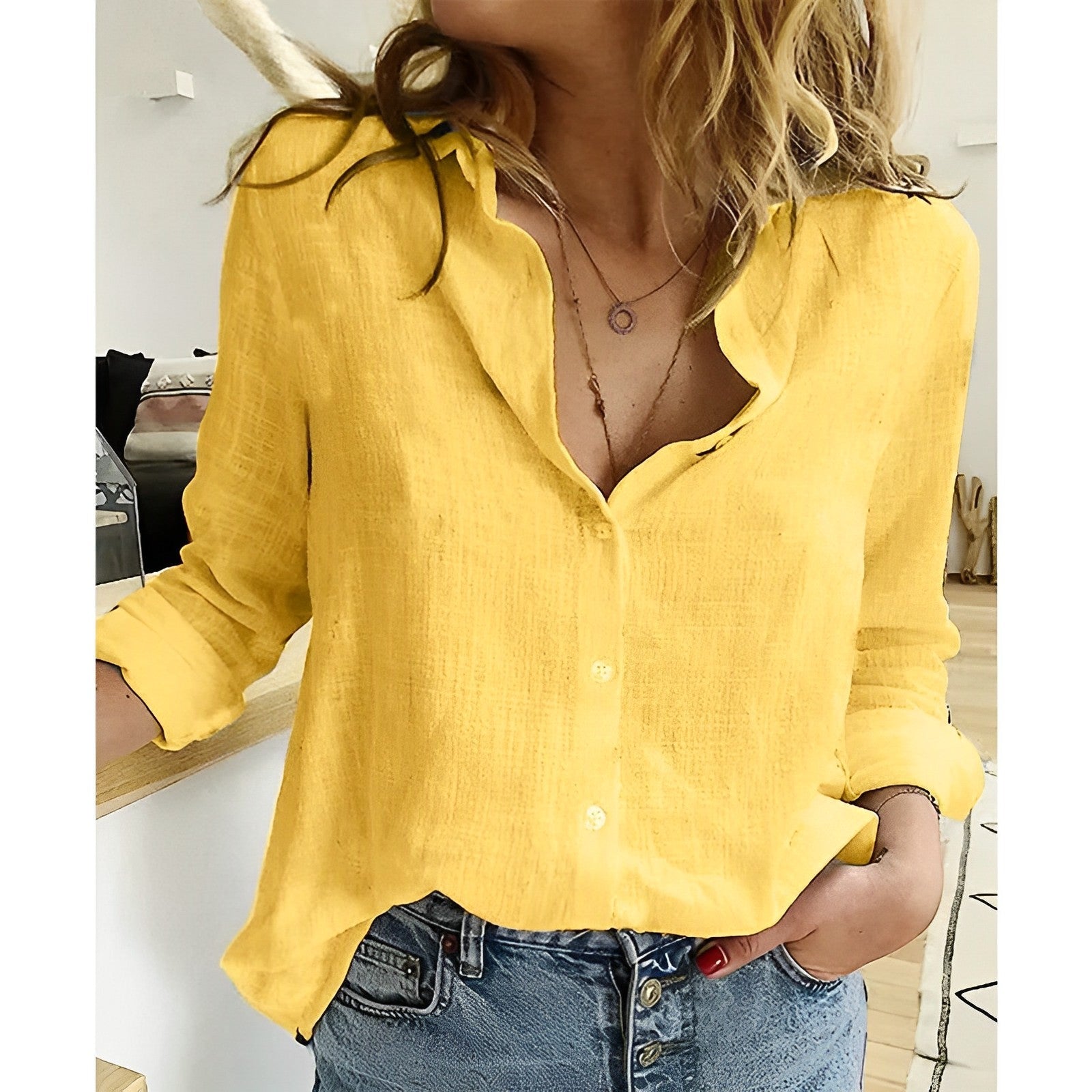 Ladies' Relaxed Fit Blouse with Button Closure and Round Neck Casual Summer