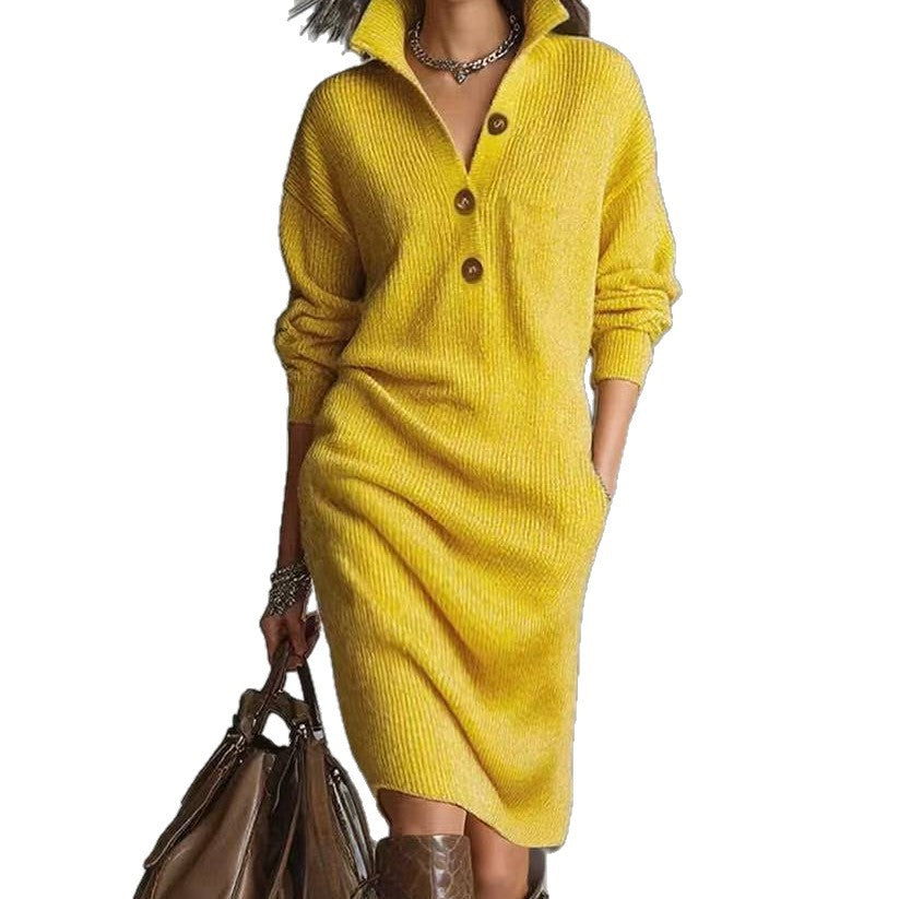 Louise | Loose-Fit Long-Sleeve Dress with Stand-Up Collar and Button Details