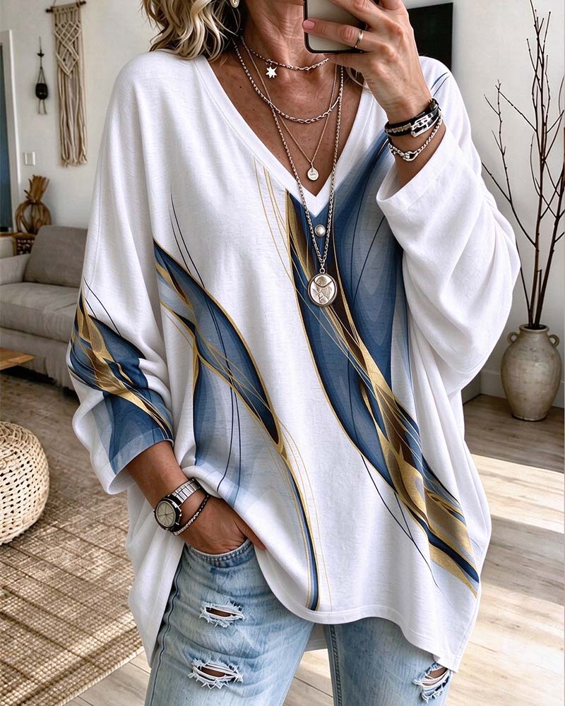 Loose-Fit V-Neck Top with Abstract Art Print