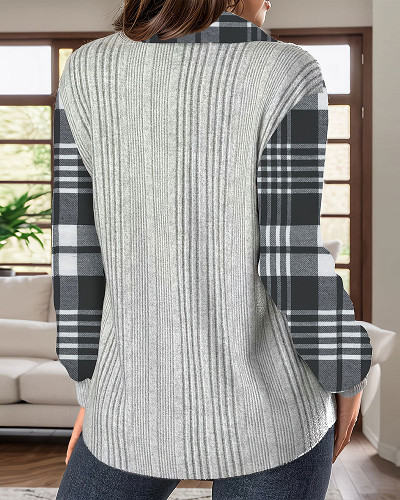 Plaid Button-Up Sweatshirt with Collar