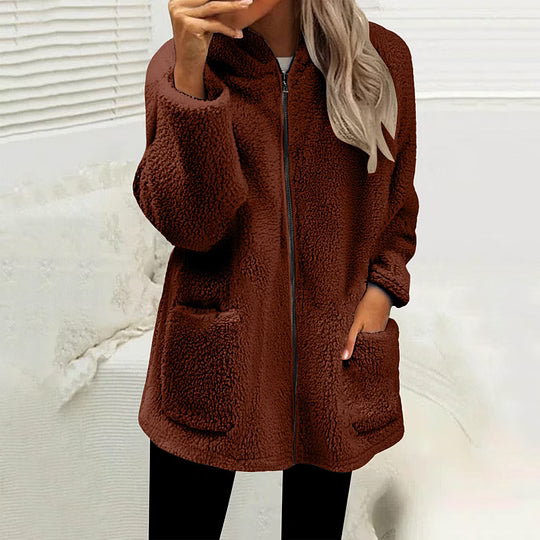 High Collar Women's Fleece Jacket with Zip-Up Closure and Pockets