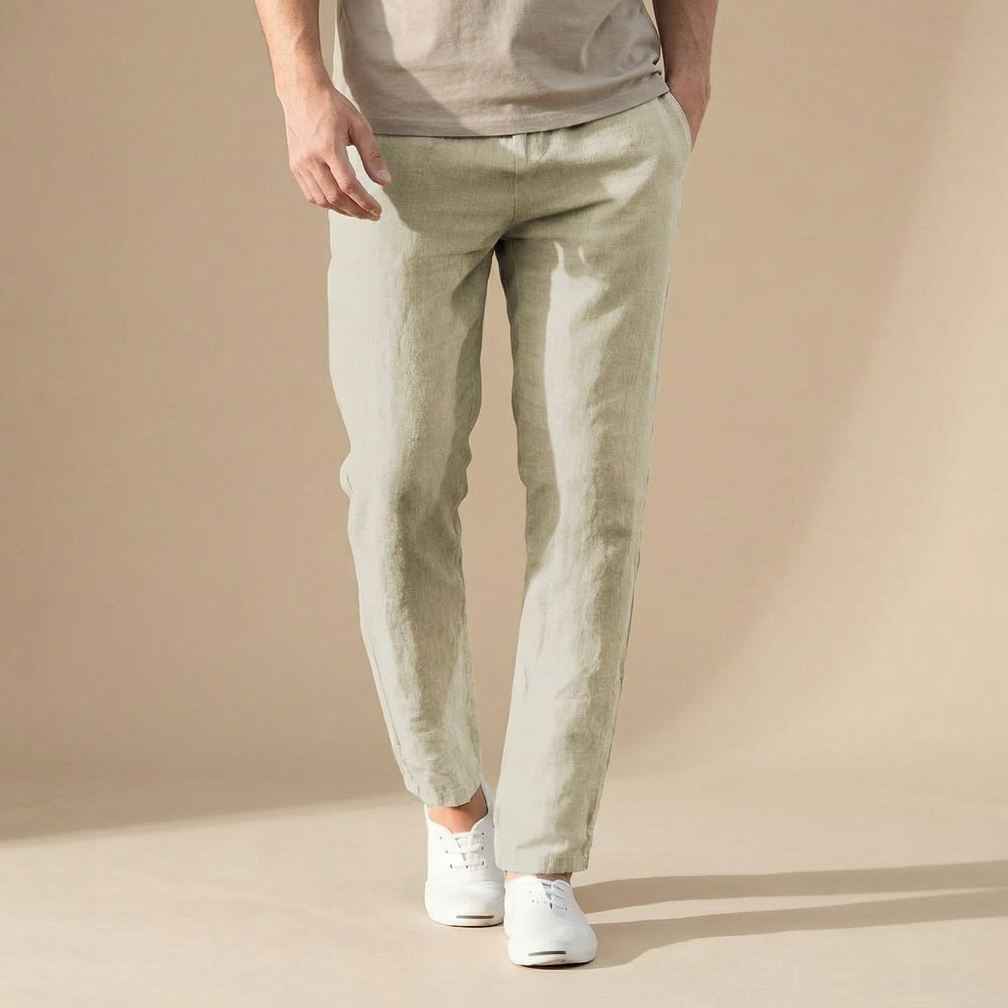 Linen Summer Trousers Men Regular Fit Breathable Material Elastic Waist