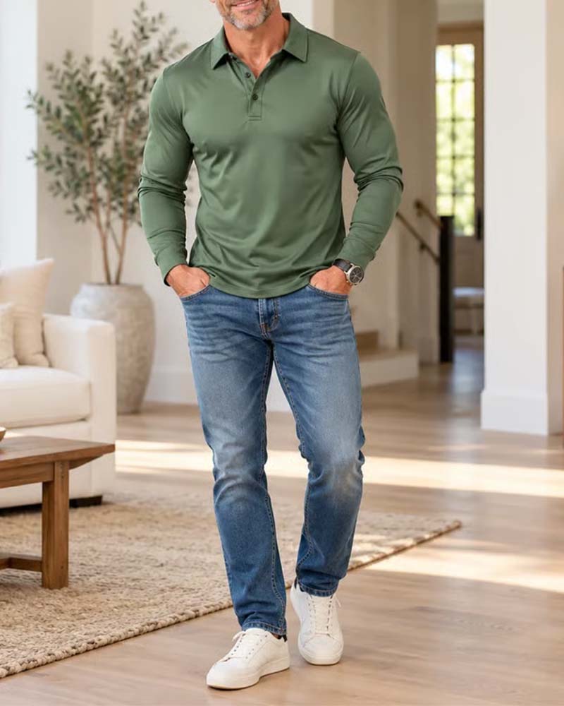 Men's Long Sleeve Polo Shirt with Collared Button Placket