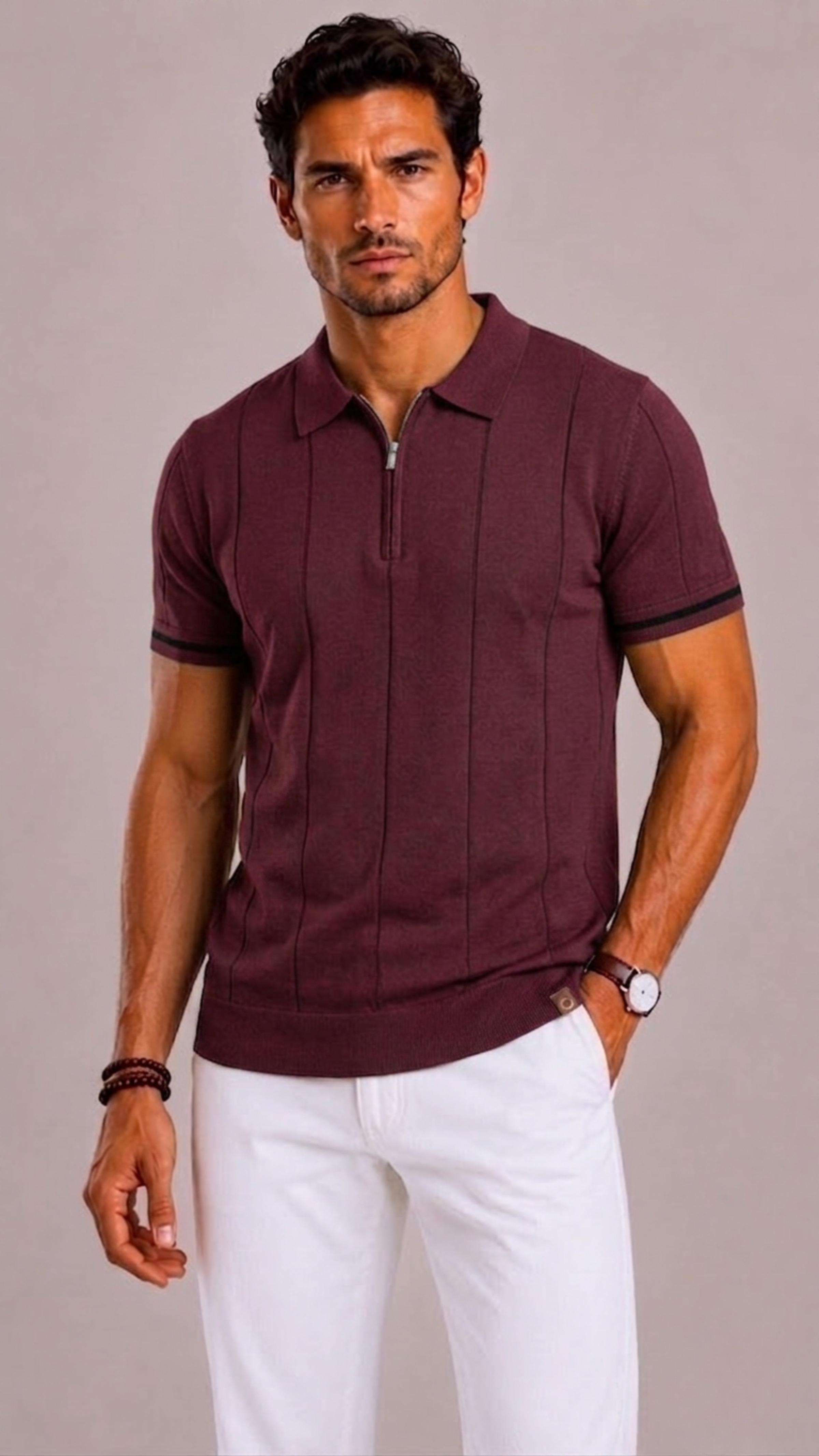 Men's Polo with Short Zip and Striped Cuffs