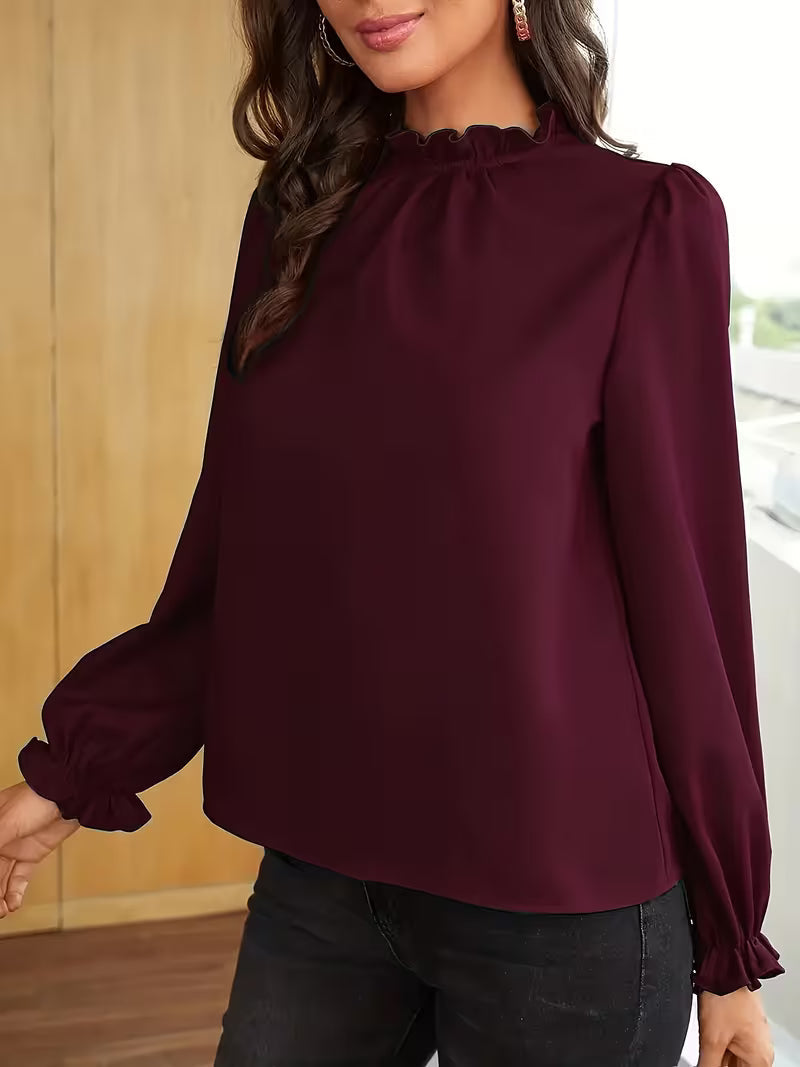 Women's Ruffled Collar Blouse with Puff Sleeves and Loose Fit Cuffs
