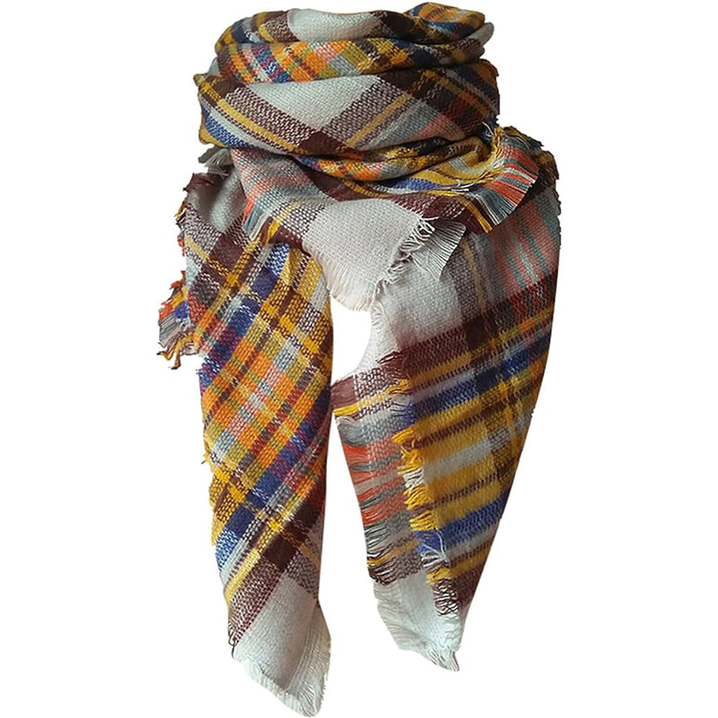 Anna | Oversized Yellow and Blue Checked Scarf for Women with Fringes – 150 x 150 cm