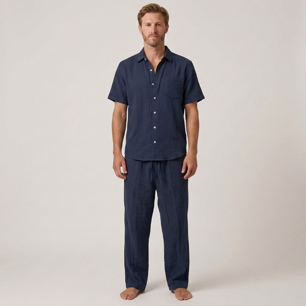 Two-Piece Summer Set with V-Neck Shirt and Wide Trousers for Men