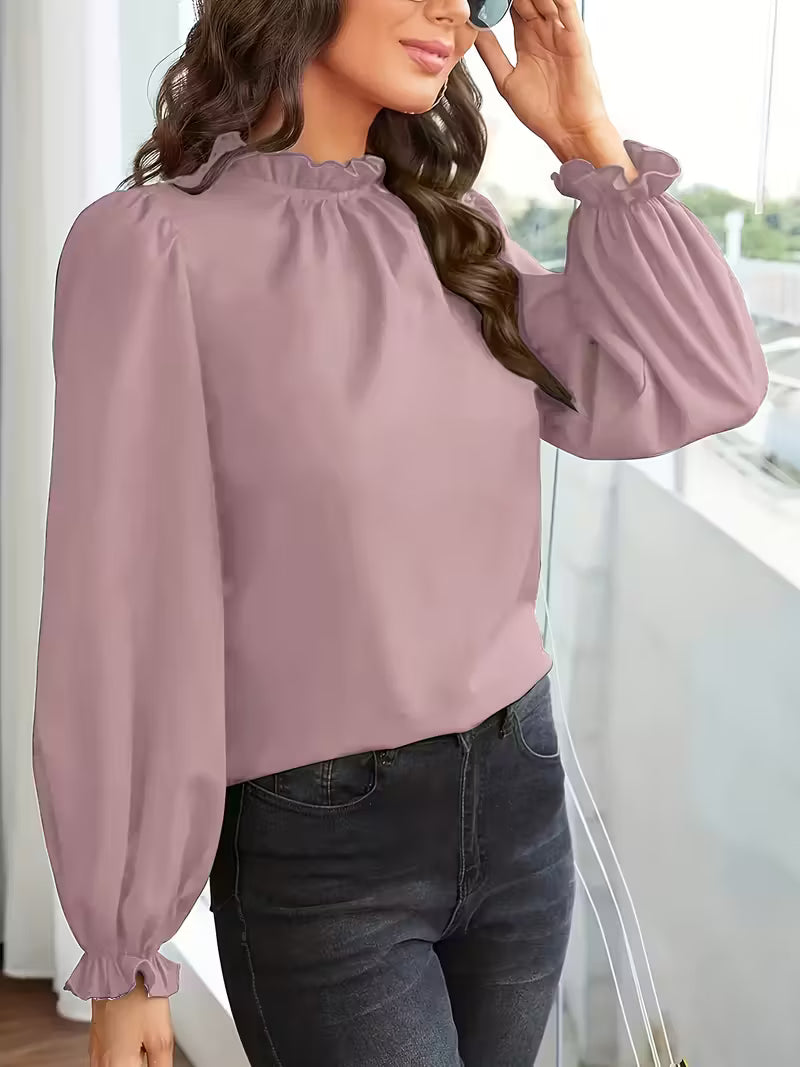 Women's Ruffled Collar Blouse with Puff Sleeves and Loose Fit Cuffs