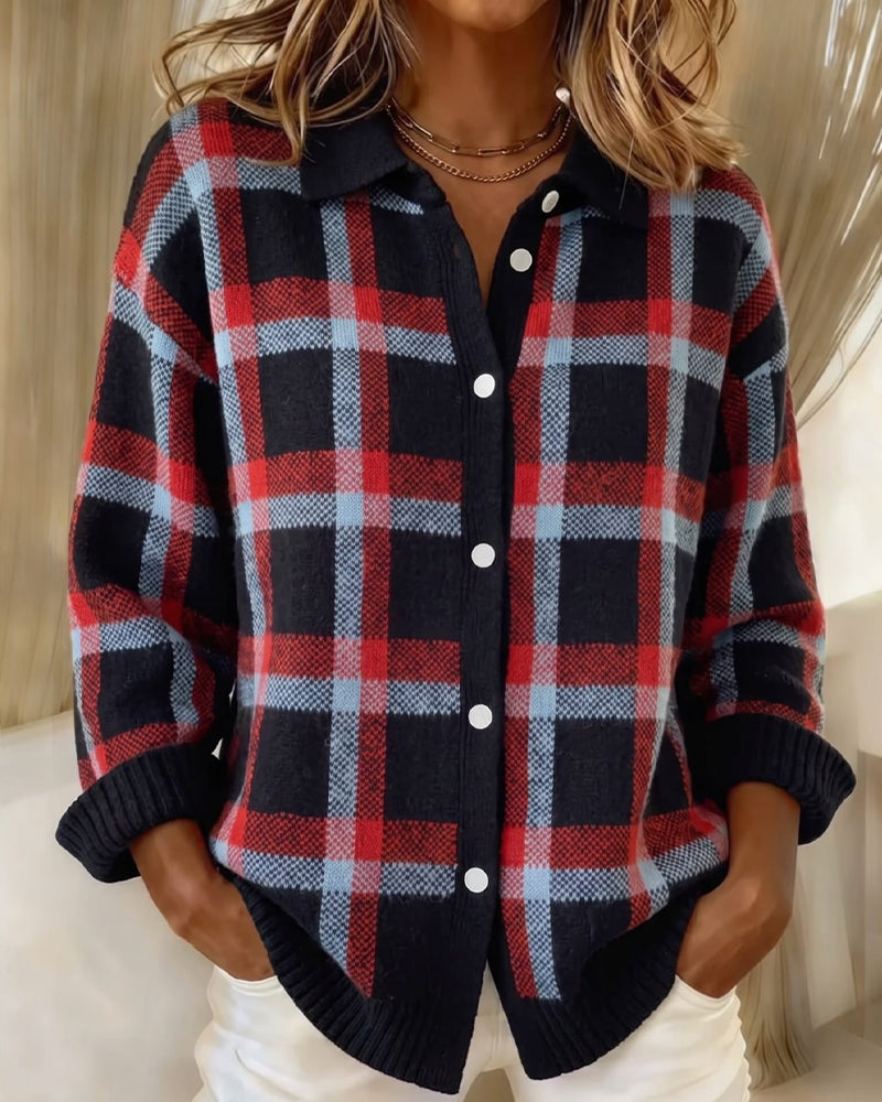 Plaid Loose Cardigan with Lapel and Button Closure