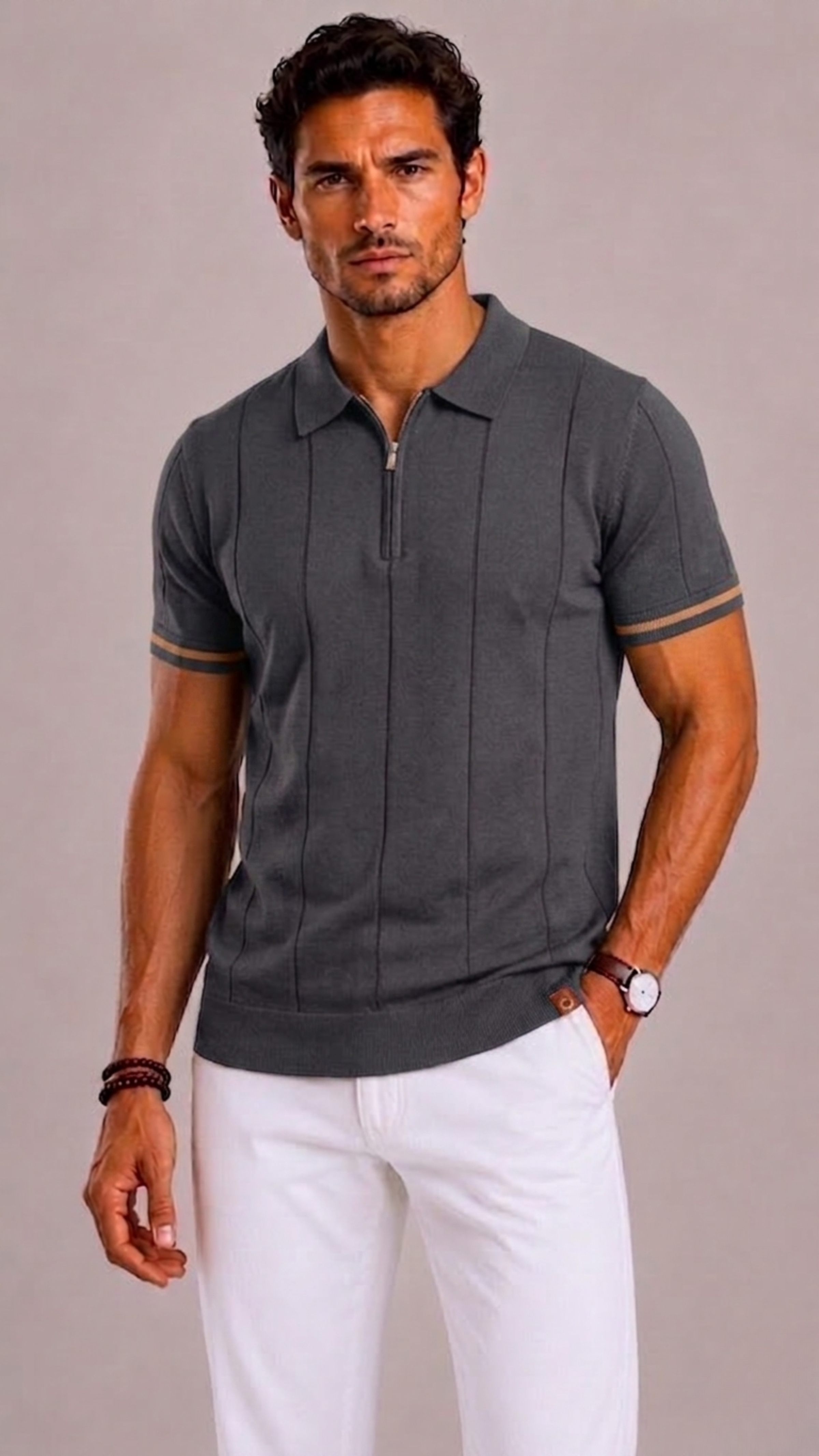 Men's Polo with Short Zip and Striped Cuffs