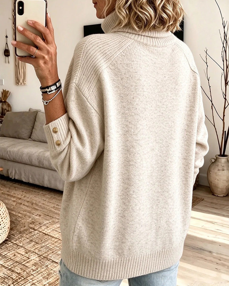 Relaxed Fit High Collar Button-Up Sweater