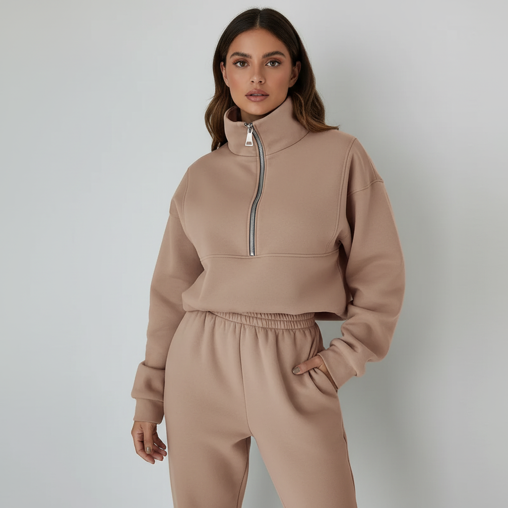 Sporty Ladies' Set Regular Fit Jumper with Half Zip Trousers Casual