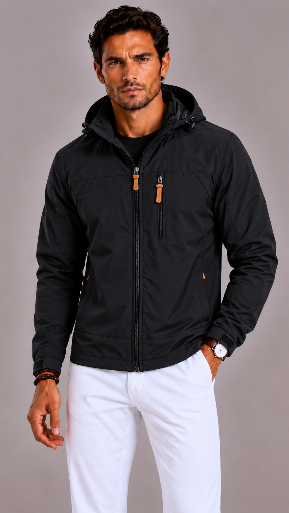 Men's Waterproof Jacket with Hood and Zip Pockets