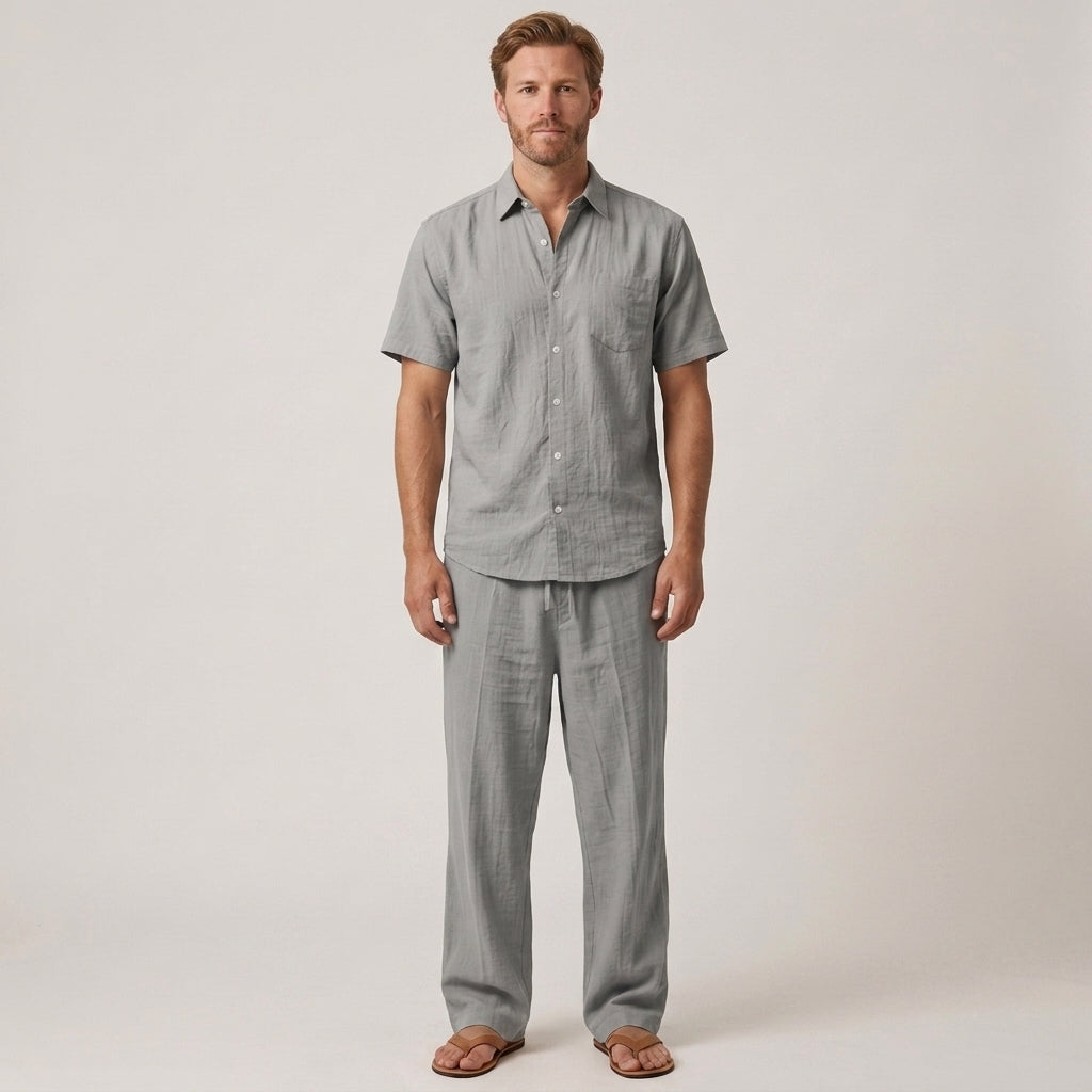 Two-Piece Summer Set with V-Neck Shirt and Wide Trousers for Men
