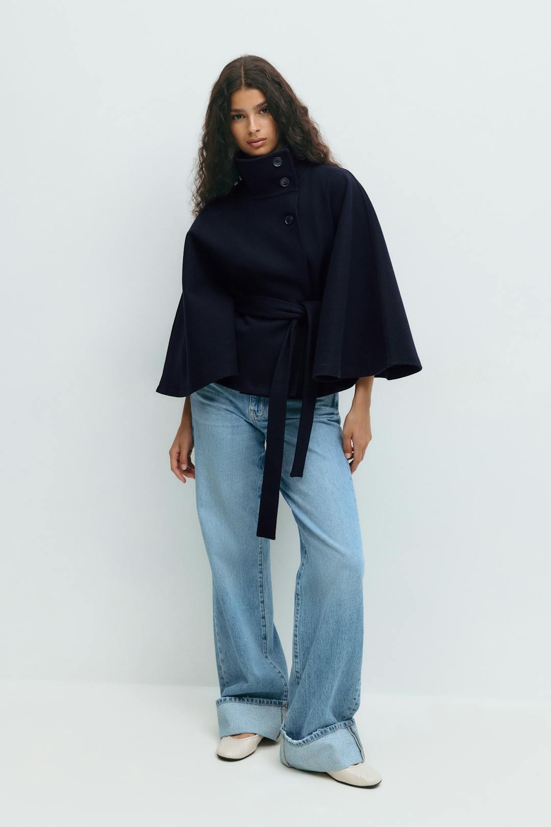 Cape Jas Dames Regular Fit Hoge Kraag Strik Ceintuur Winter