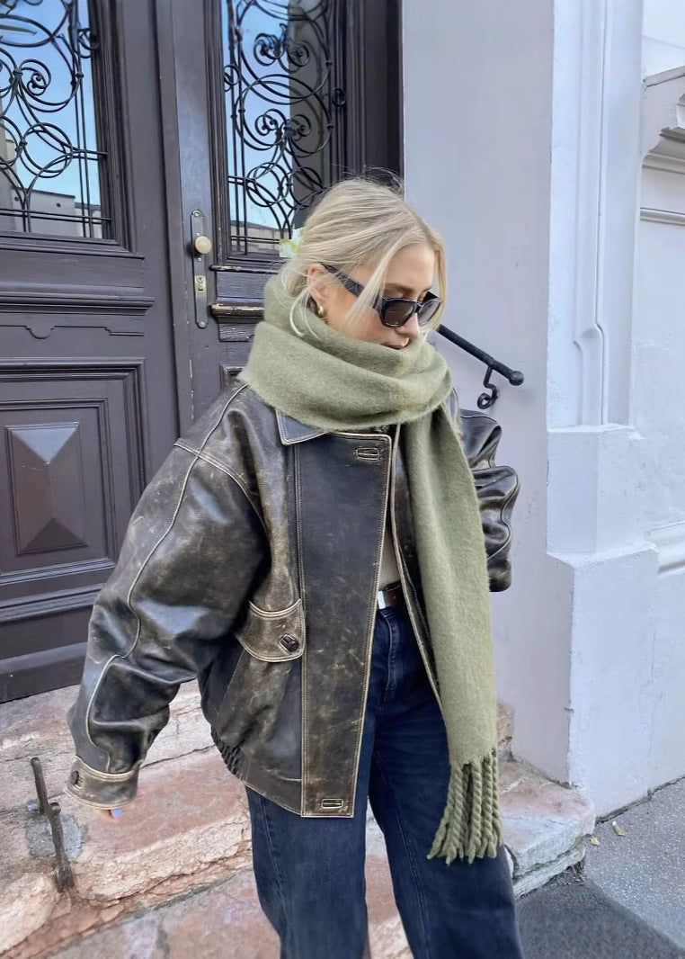 Oversized Women's Bomber Jacket with Distressed Finish