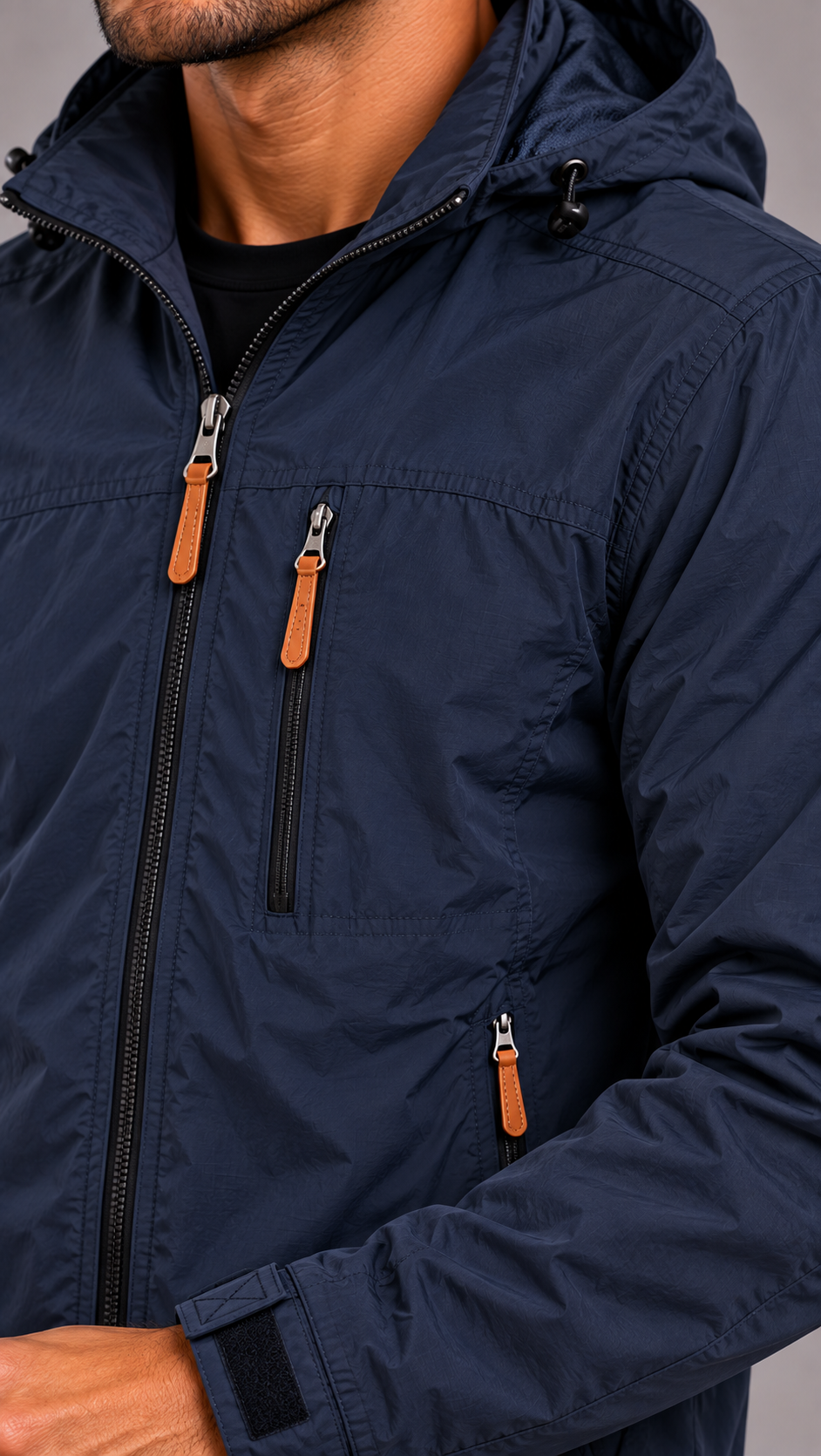 Men's Waterproof Jacket with Hood and Zip Pockets