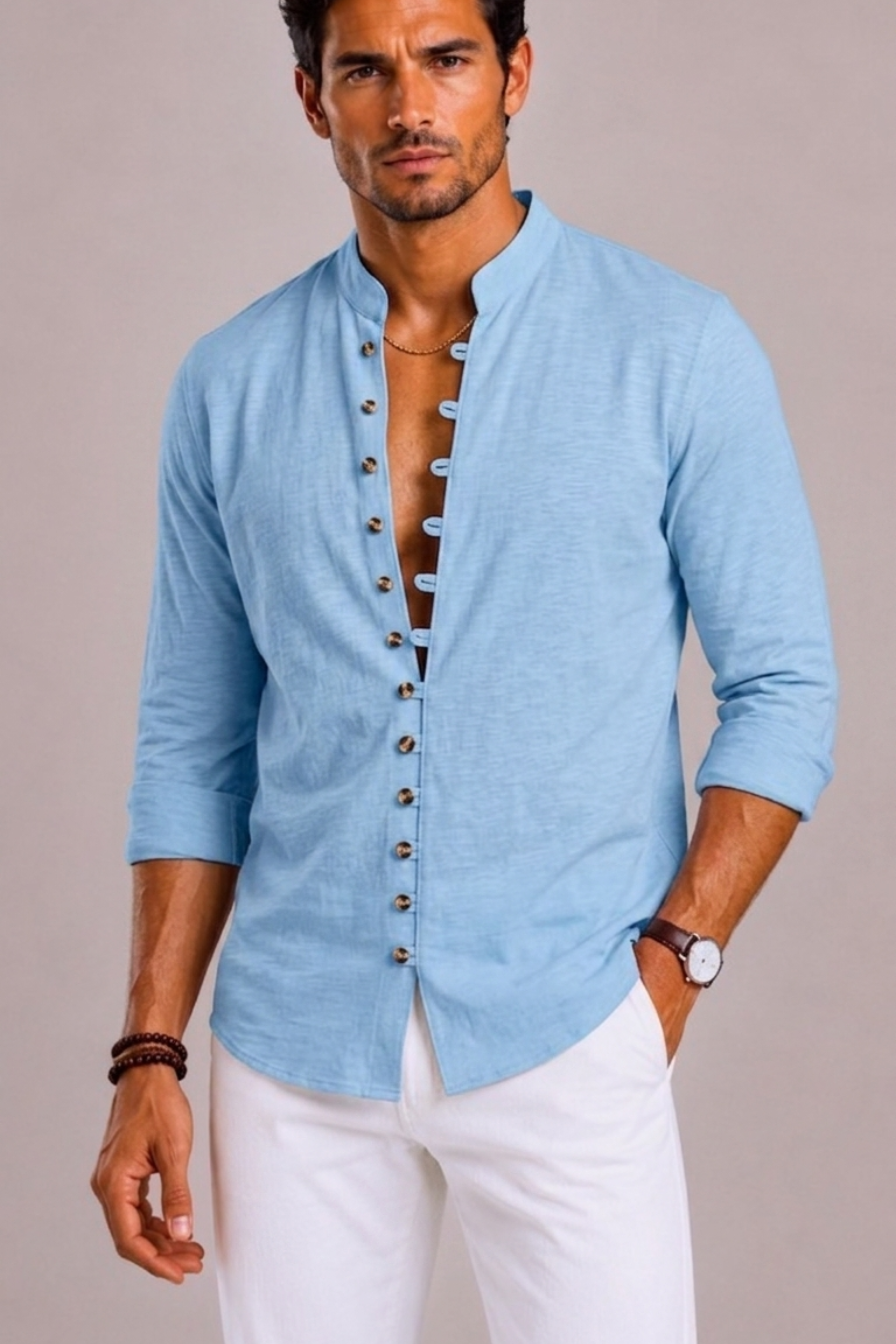 Men's Shirt with Stand-Up Collar and Long Sleeves