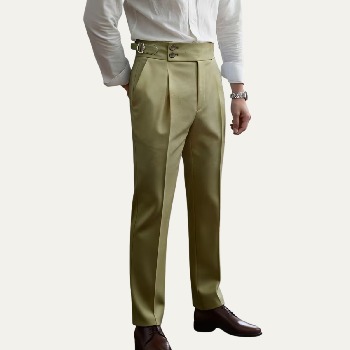 The Claremont Men’s High Waisted Linen Dress Trousers with Adjustable Side Buckle Waist