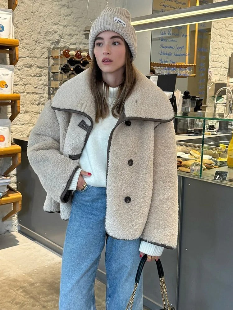 Cozy Teddy Jacket with Oversized Collar and Button Details