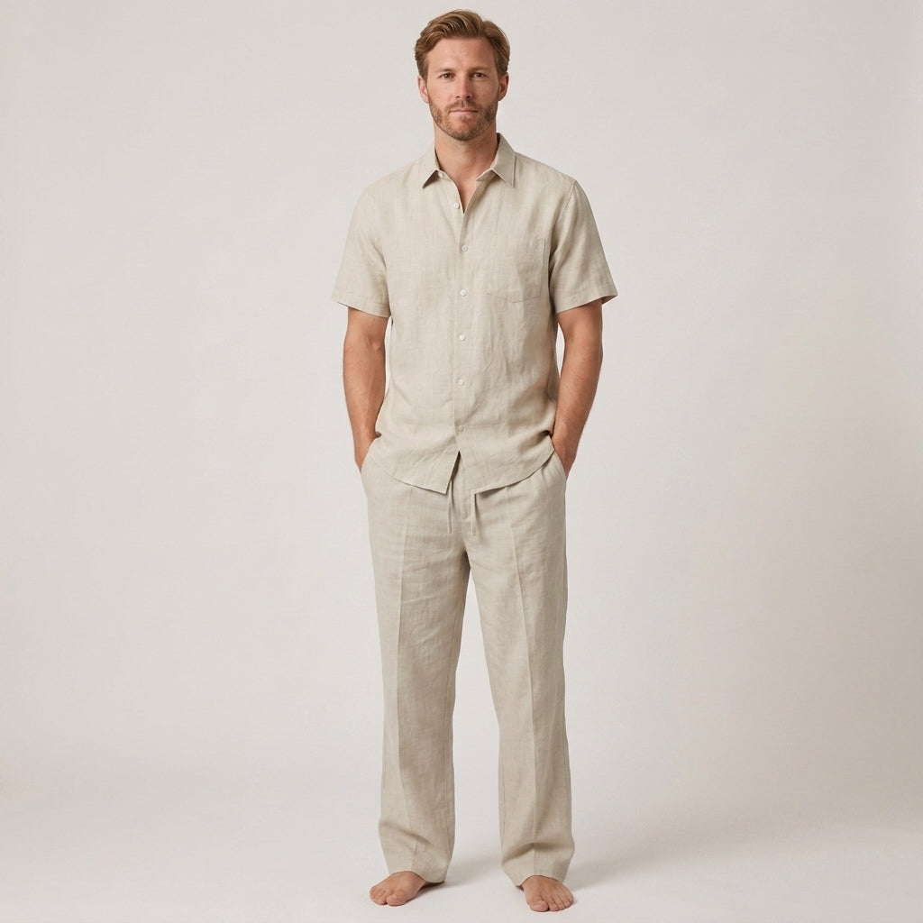 Two-Piece Summer Set with V-Neck Shirt and Wide Trousers for Men