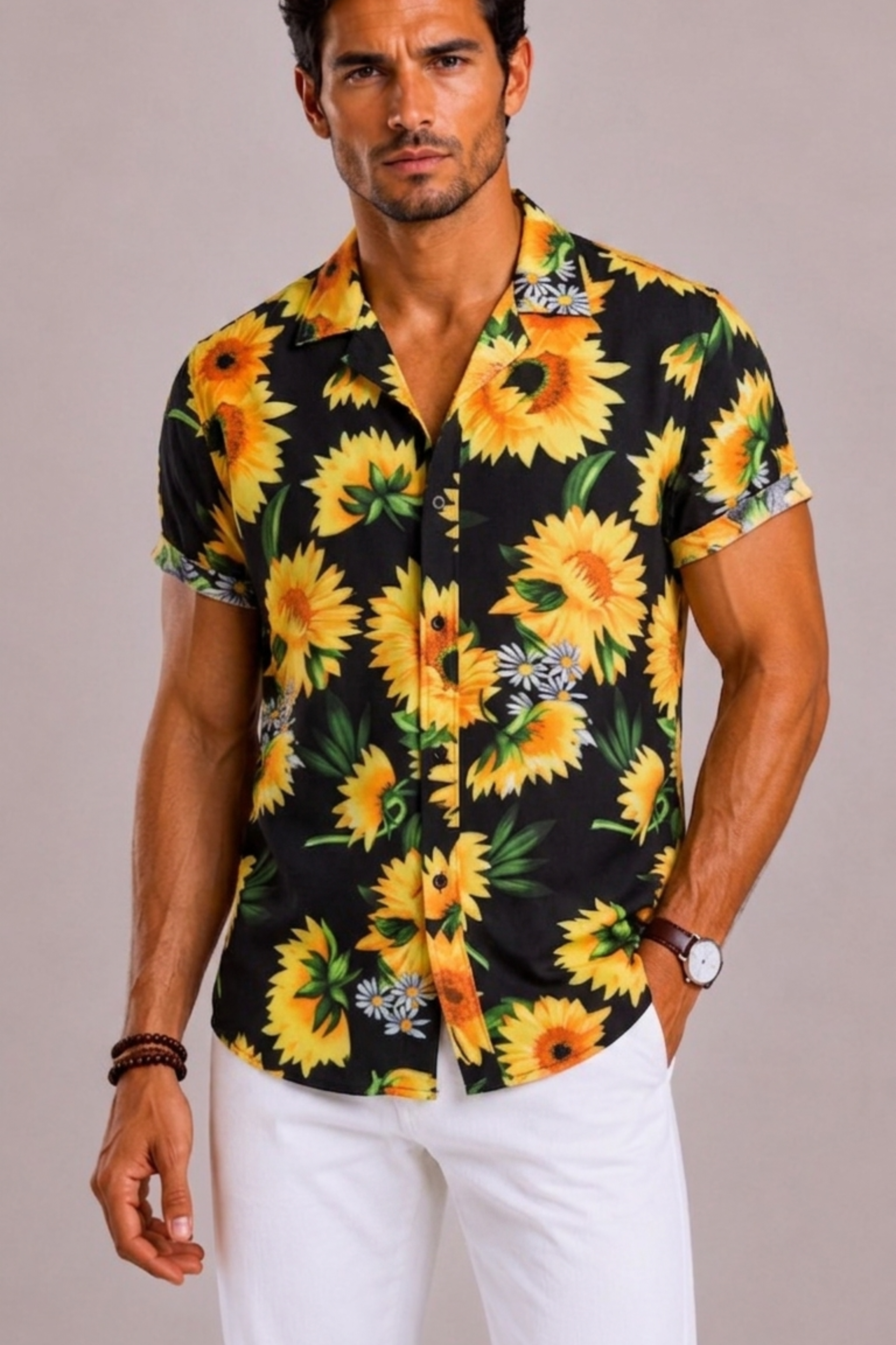 Men's Shirt with Tropical Floral Print and Short Sleeves