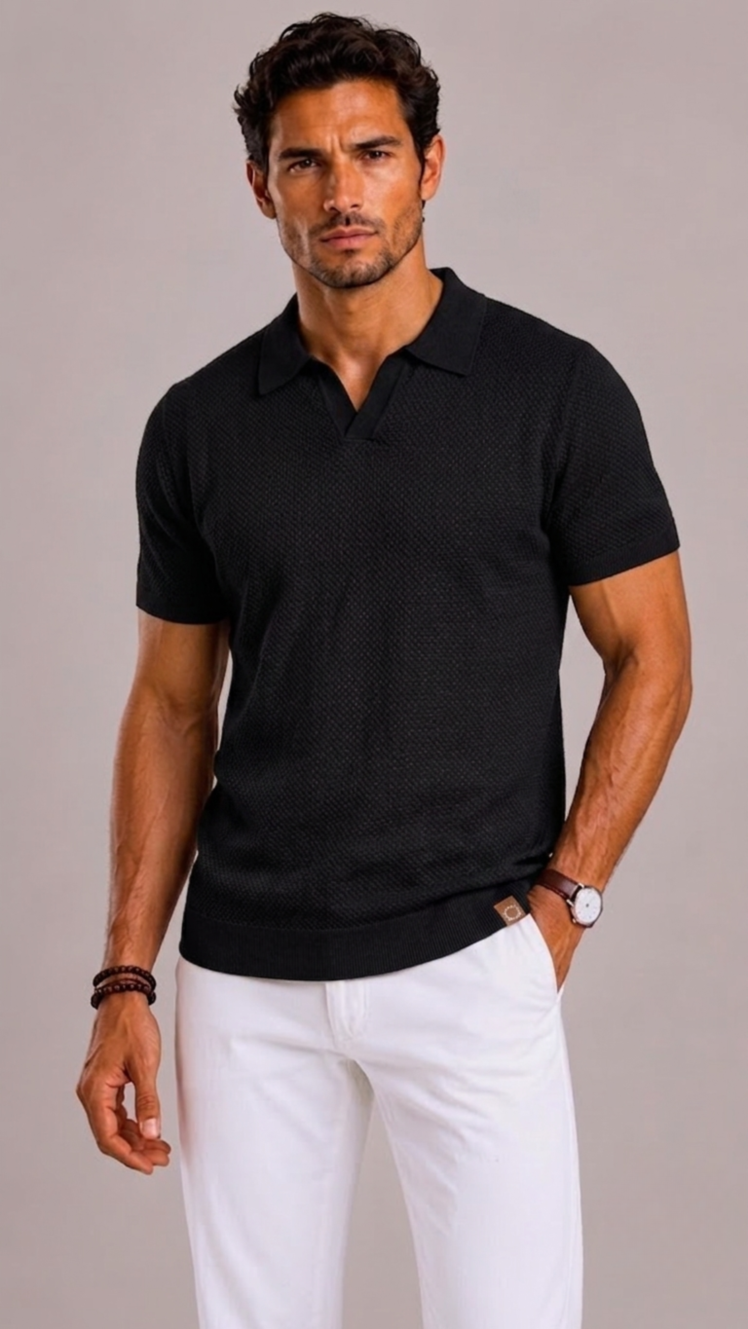 Men's Polo with Open Collar and Knitted Texture
