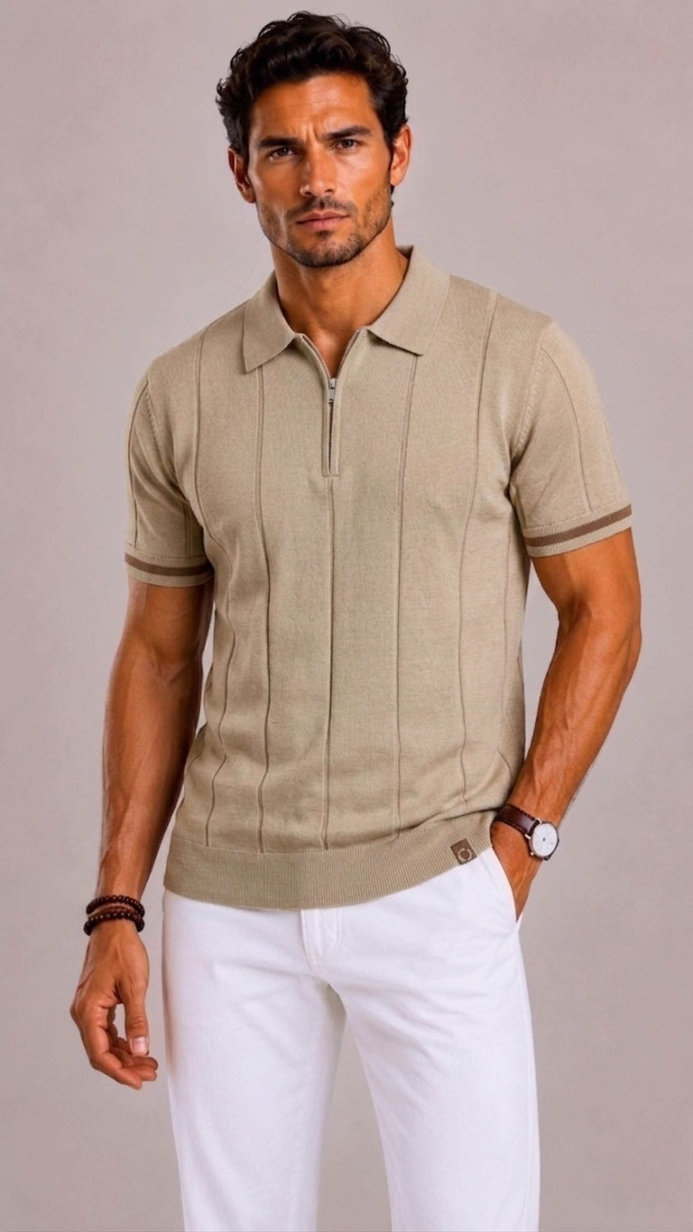 Men's Polo with Short Zip and Striped Cuffs