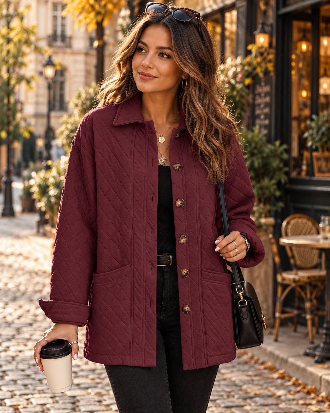 Faith Women's Diamond-Quilted Long Jacket with Pointed Collar, Button Closure, and Patch Pockets