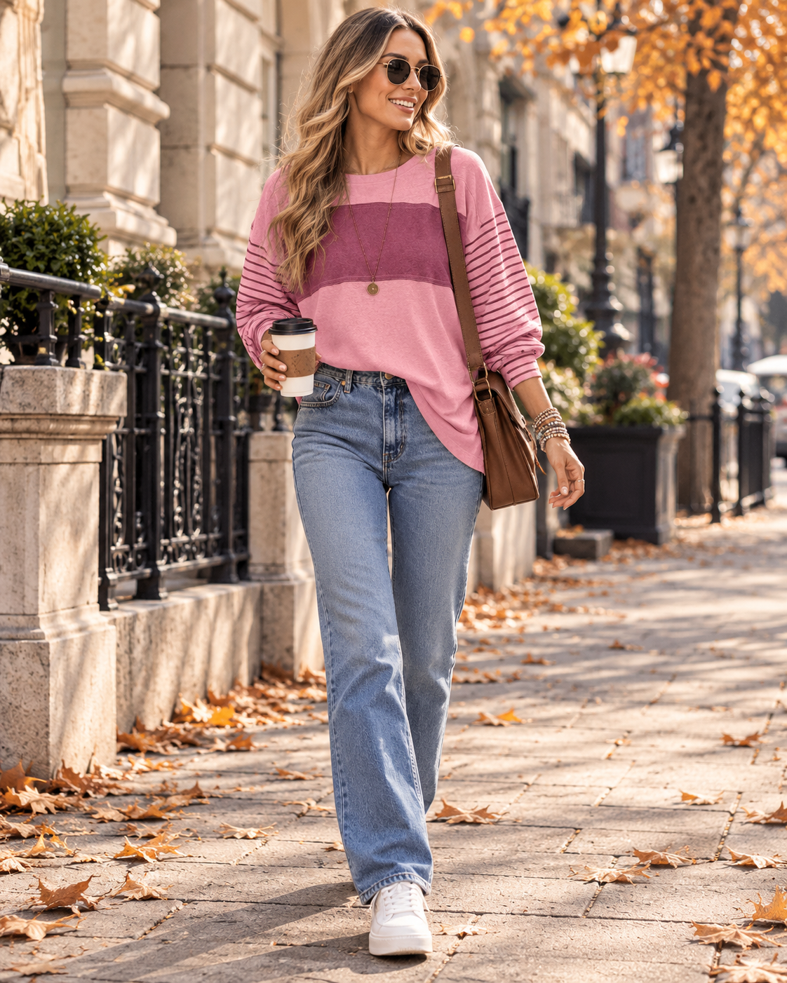 Queenie Women's Oversized Color Block Tunic Top with Round Neck and Long Striped Sleeves