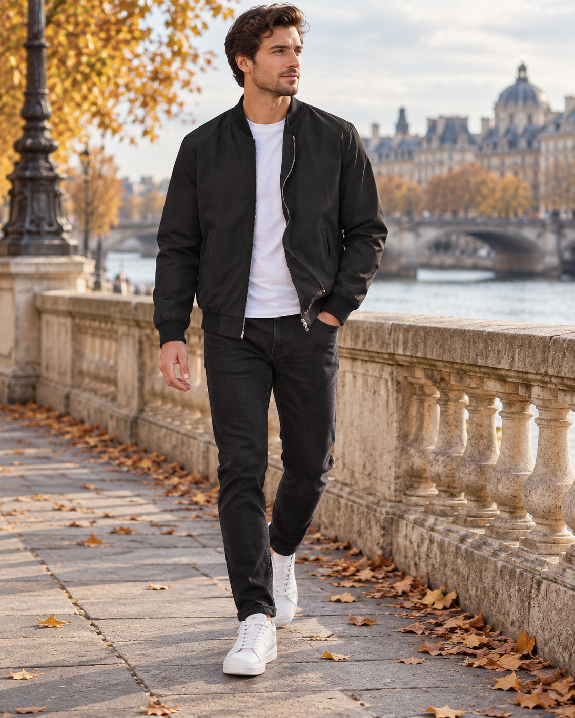 Cassian Men's Lightweight Bomber Jacket – Classic Ribbed Details, Pockets, and Full-Length Zip Windbreaker